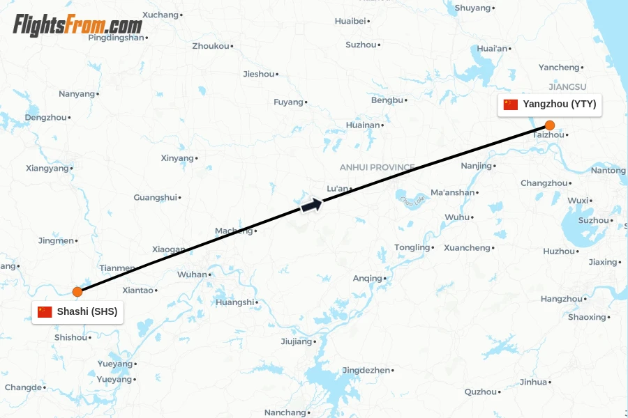 Flights from Shashi to Yangzhou route map