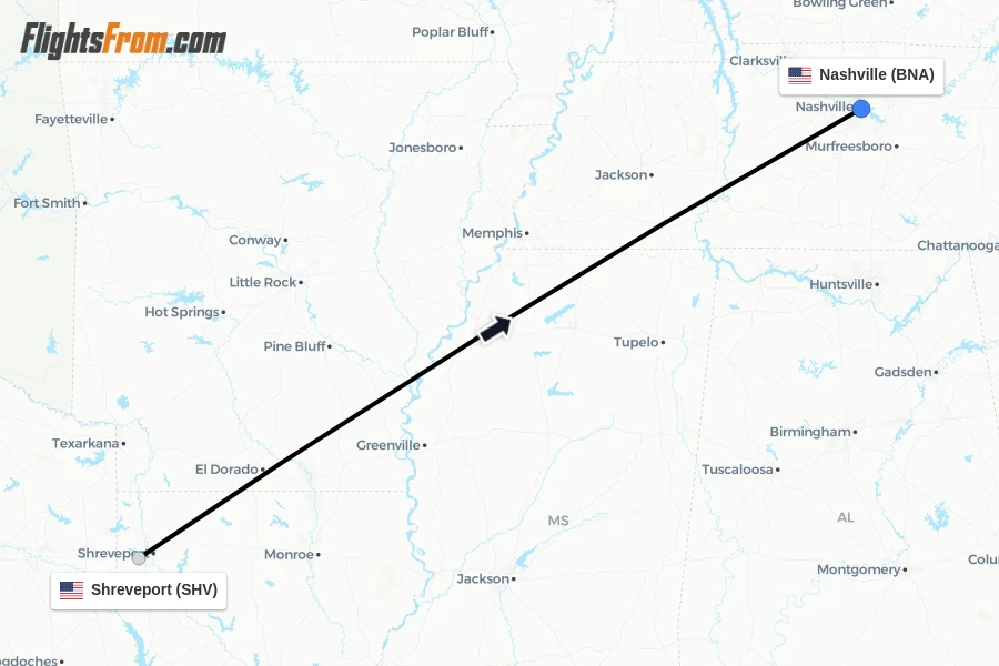 Flights from Shreveport to Nashville route map