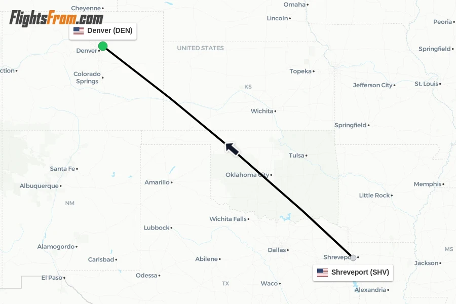 Flights from Shreveport to Denver route map