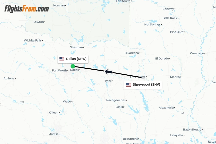 Flights from Shreveport to Dallas route map