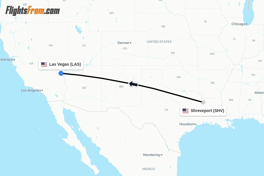 Flights from Shreveport to Las Vegas route map