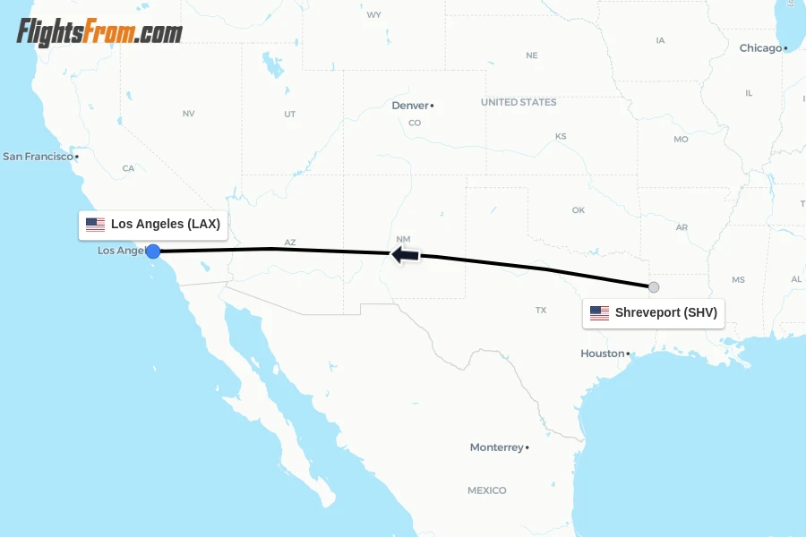 Flights from Shreveport to Los Angeles route map