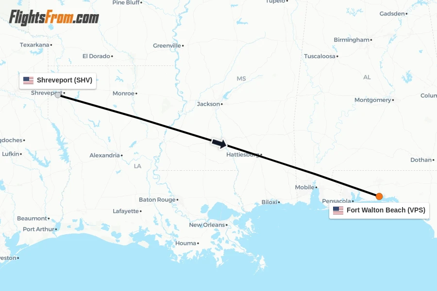 Flights from Shreveport to Fort Walton Beach route map