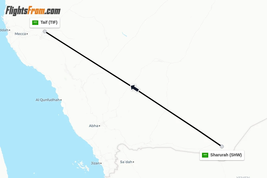 Flights from Sharurah to Taif route map
