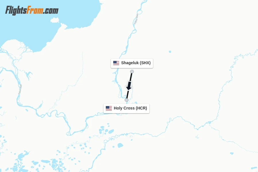 Flights from Shageluk to Holy Cross route map