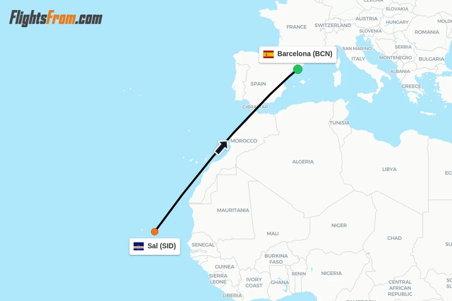 Flights from Sal to Barcelona route map
