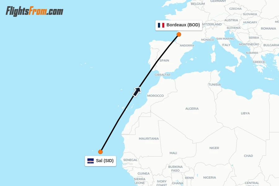 Flights from Sal to Bordeaux route map