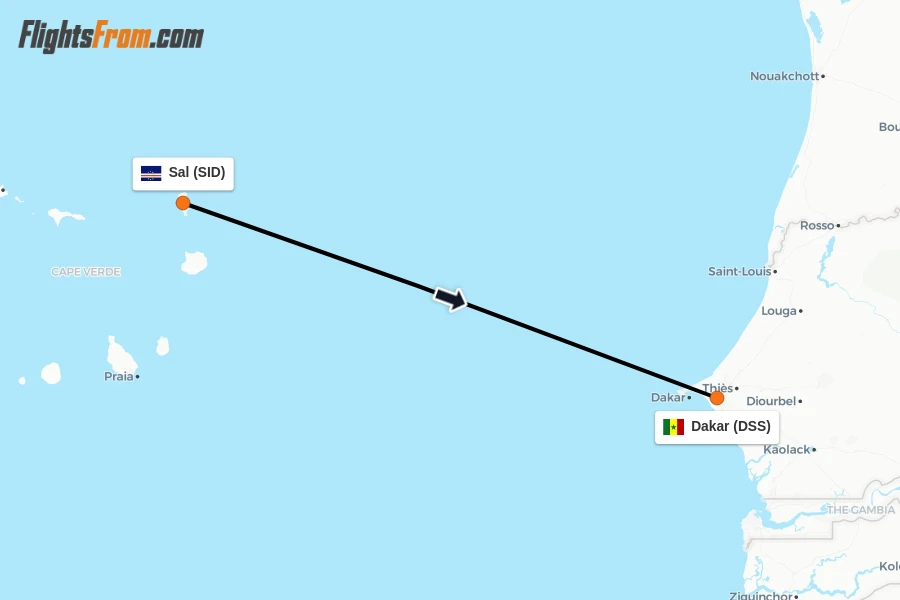 Flights from Sal to Dakar route map