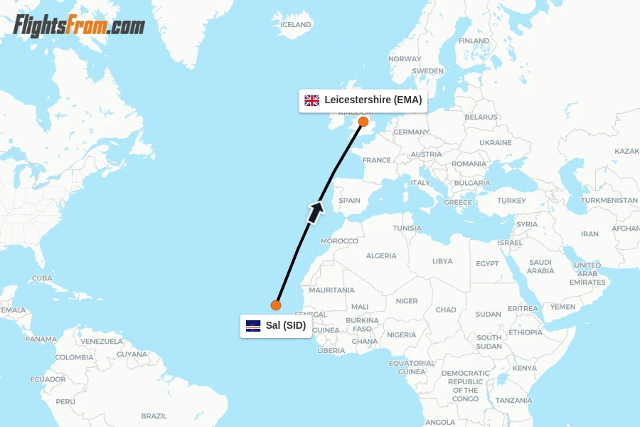 Flights from Sal to Leicestershire route map