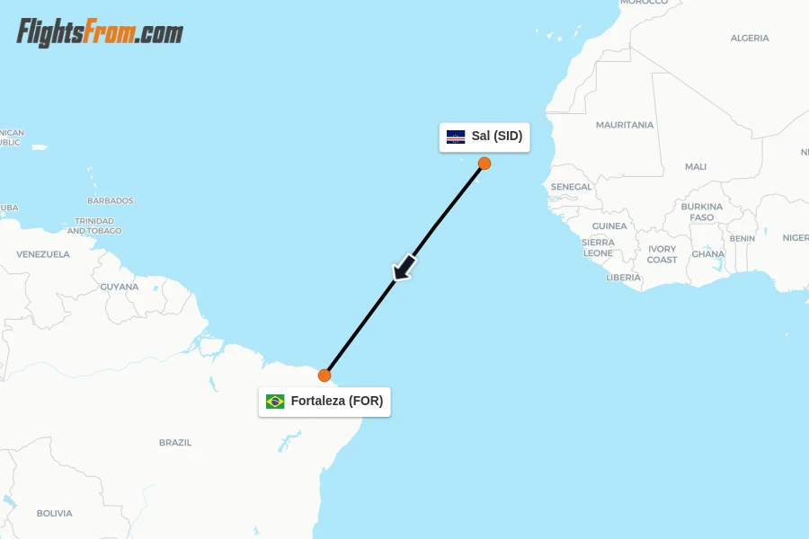 Flights from Sal to Fortaleza route map