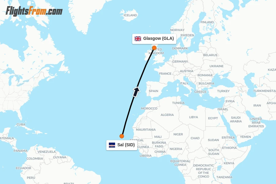 Flights from Sal to Glasgow route map