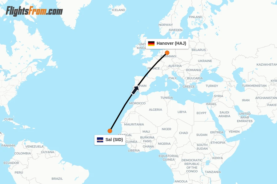 Flights from Sal to Hanover route map