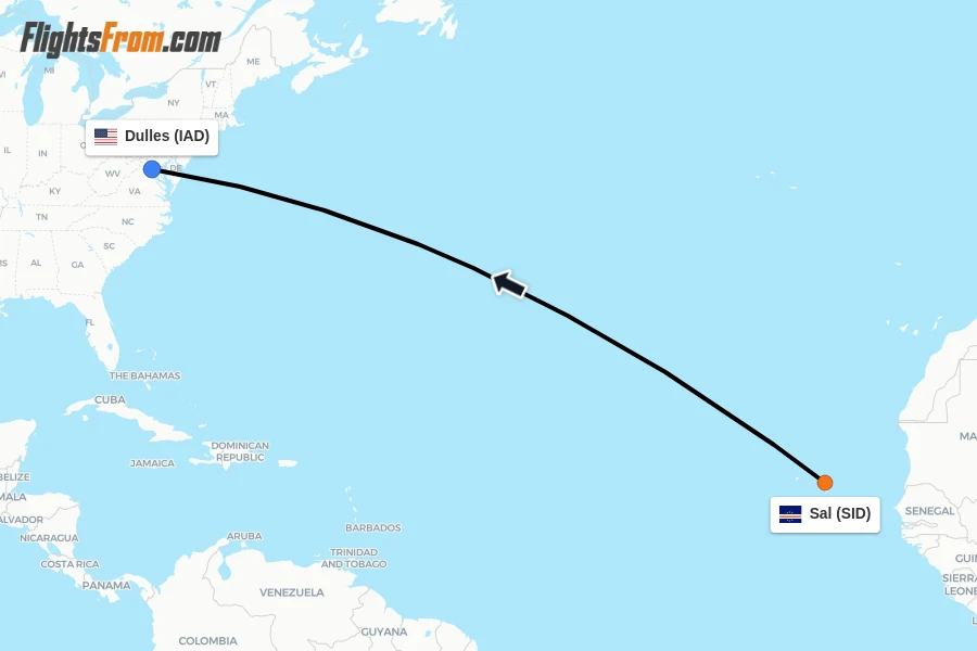 Flights from Sal to Dulles route map