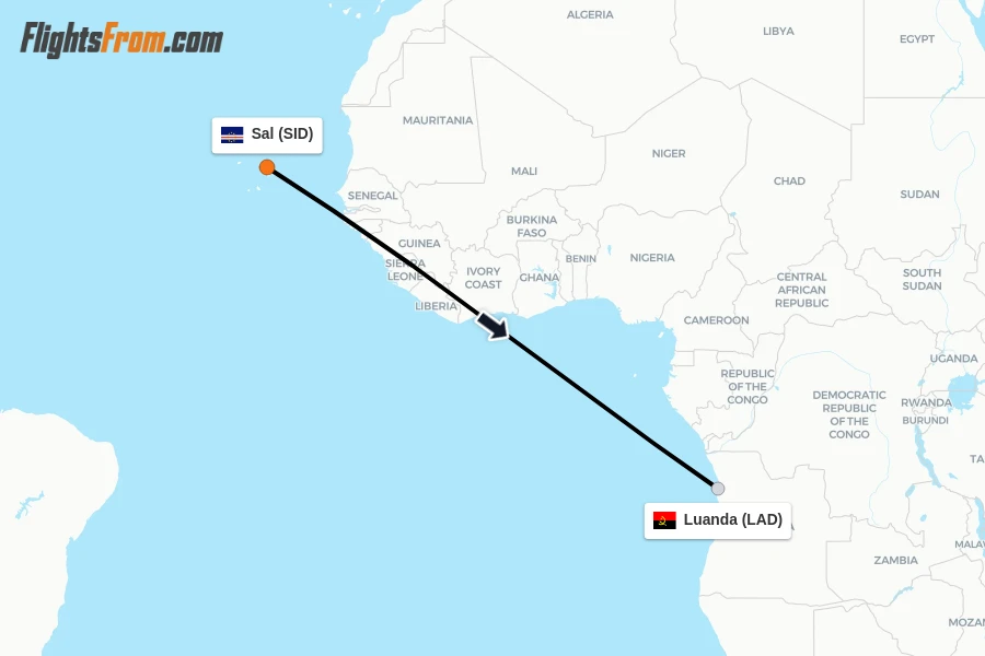 Flights from Sal to Luanda route map