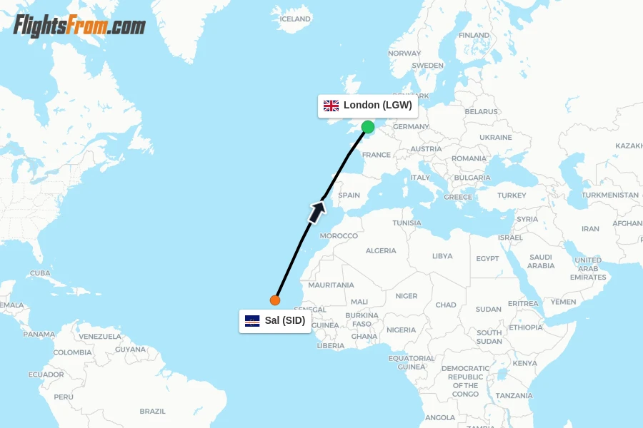 Flights from Sal to London route map