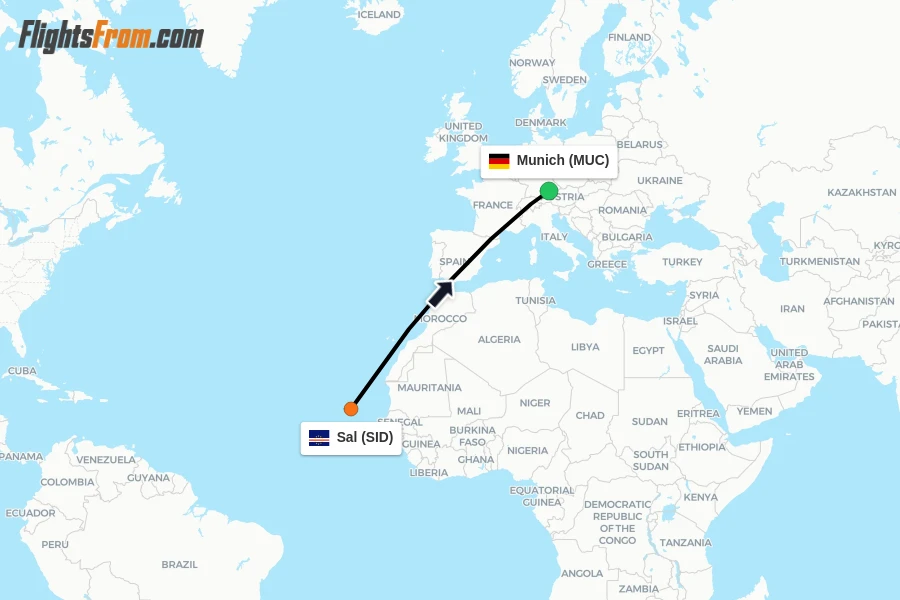 Flights from Sal to Munich route map