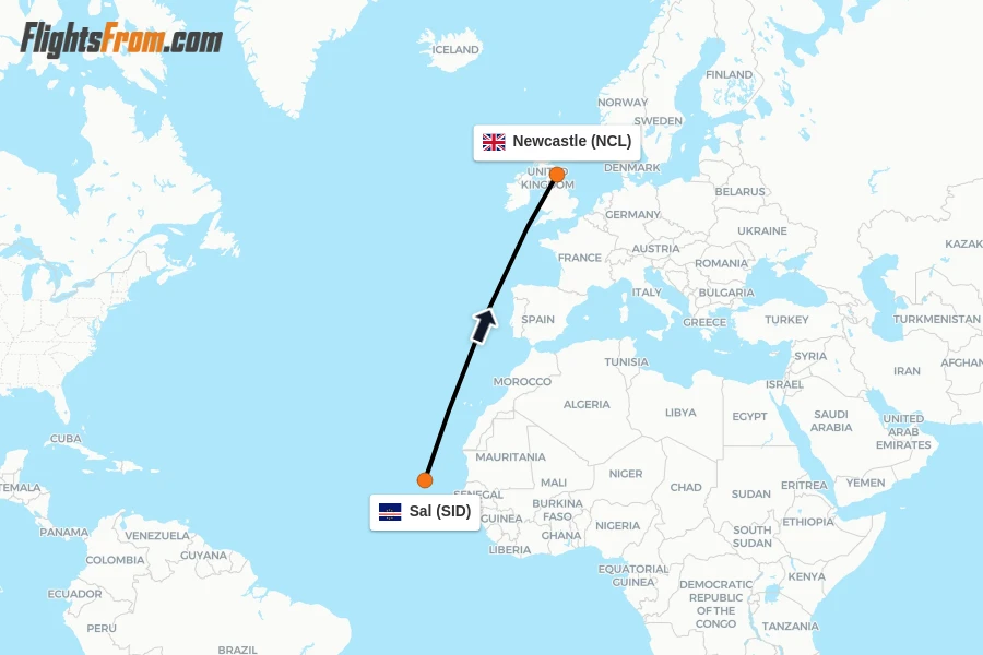 Flights from Sal to Newcastle route map