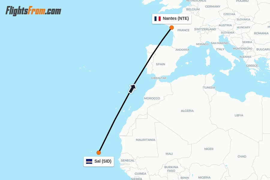Flights from Sal to Nantes route map