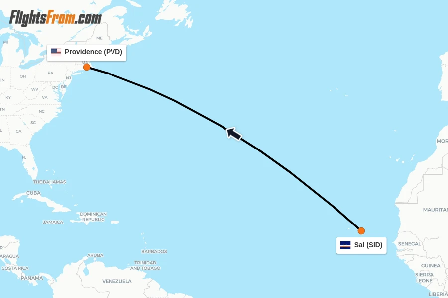 Flights from Sal to Providence route map