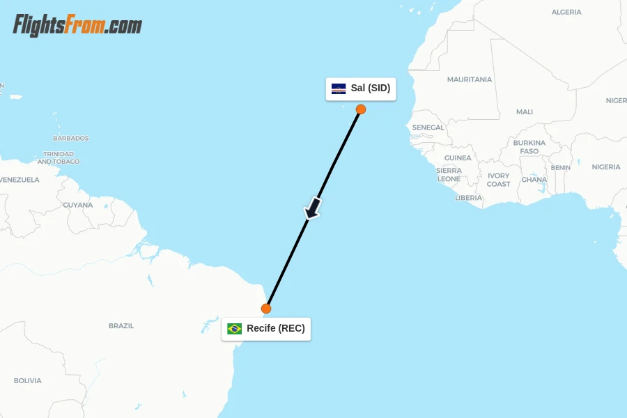 Flights from Sal to Recife route map