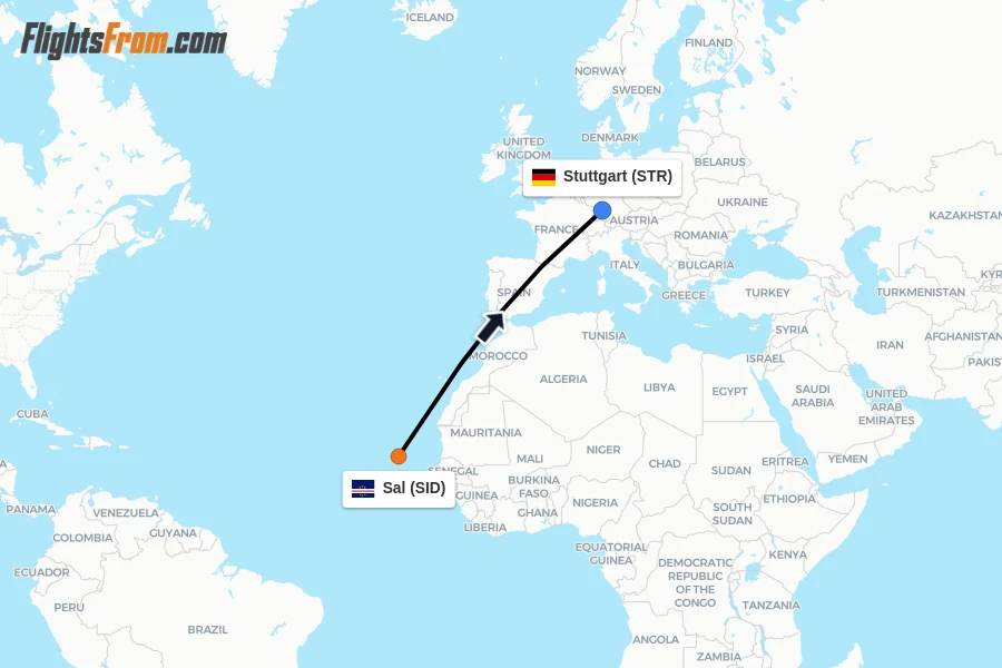 Flights from Sal to Stuttgart route map