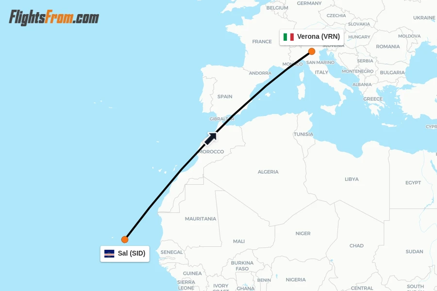 Flights from Sal to Verona route map