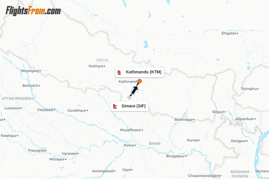 Flights from Simara to Kathmandu route map