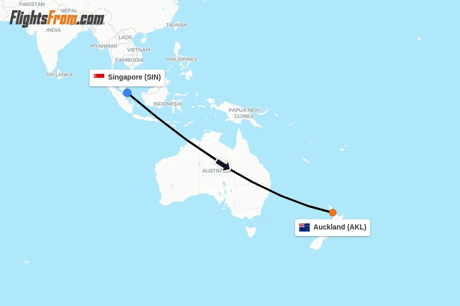 Flights from Singapore to Auckland route map