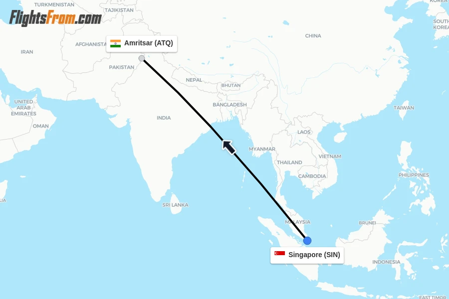 Flights from Singapore to Amritsar route map