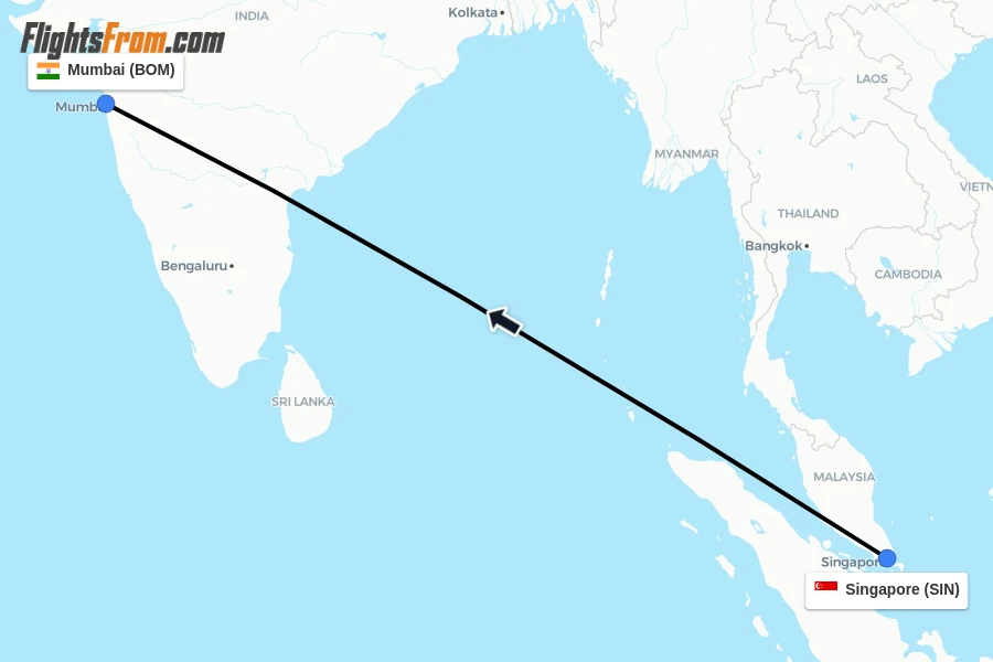 Flights from Singapore to Mumbai route map