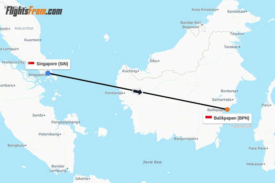 Flights from Singapore to Balikpapan route map