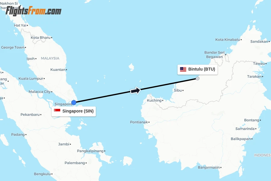 Flights from Singapore to Bintulu route map