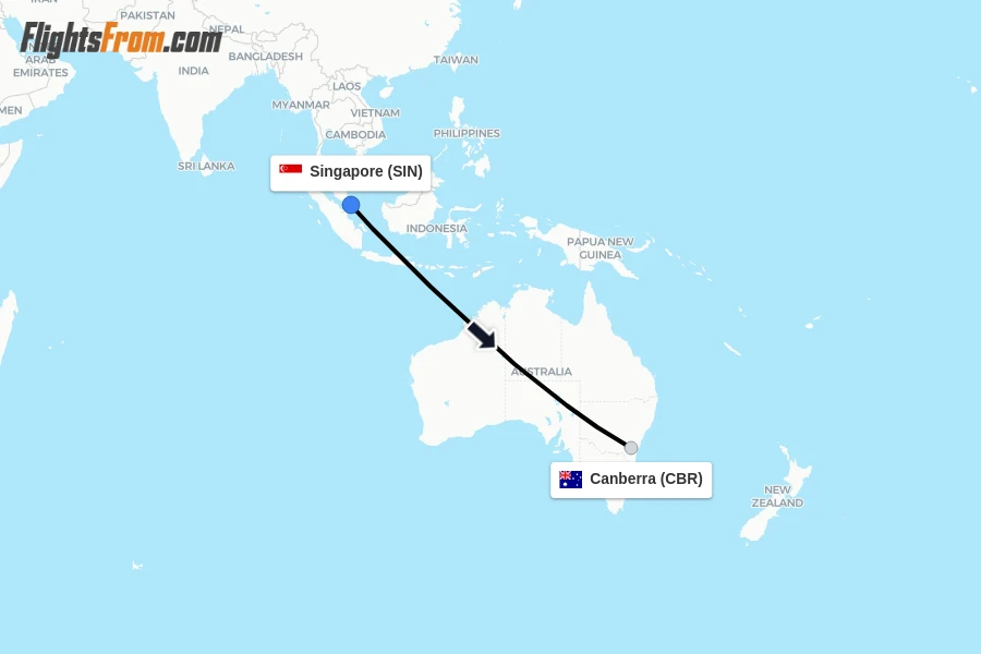 Flights from Singapore to Canberra route map
