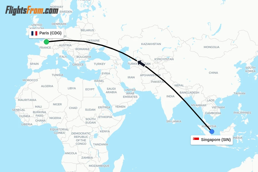 Flights from Singapore to Paris route map