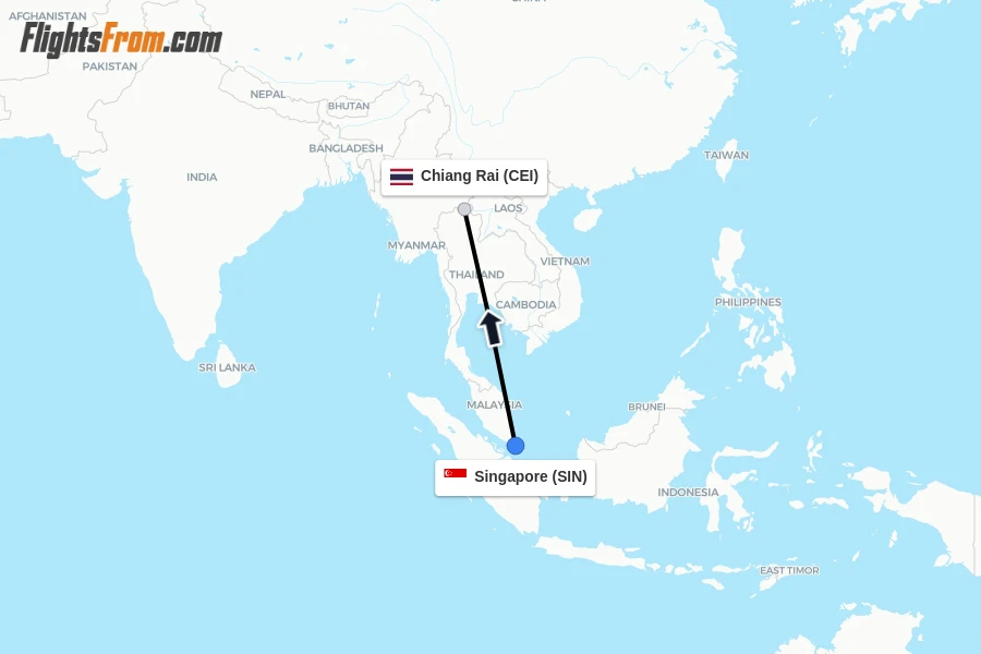 Flights from Singapore to Chiang Rai route map