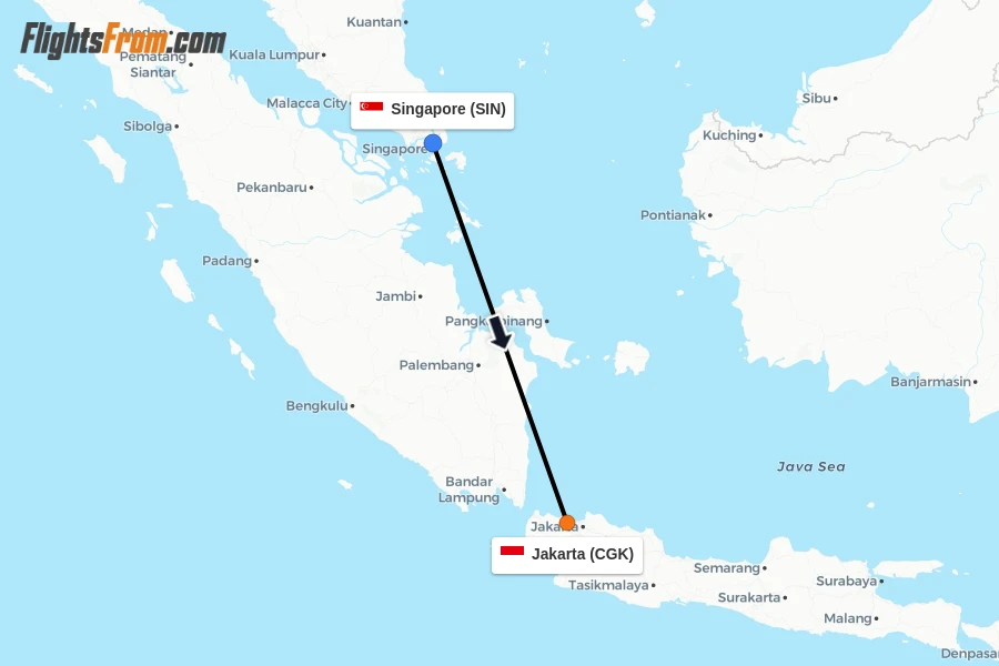 Flights from Singapore to Jakarta route map