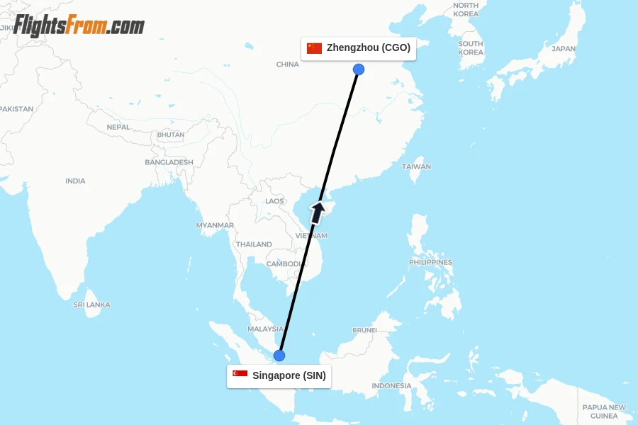 Flights from Singapore to Zhengzhou route map