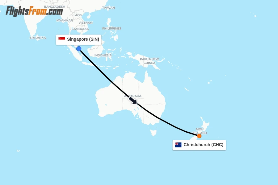 Flights from Singapore to Christchurch route map