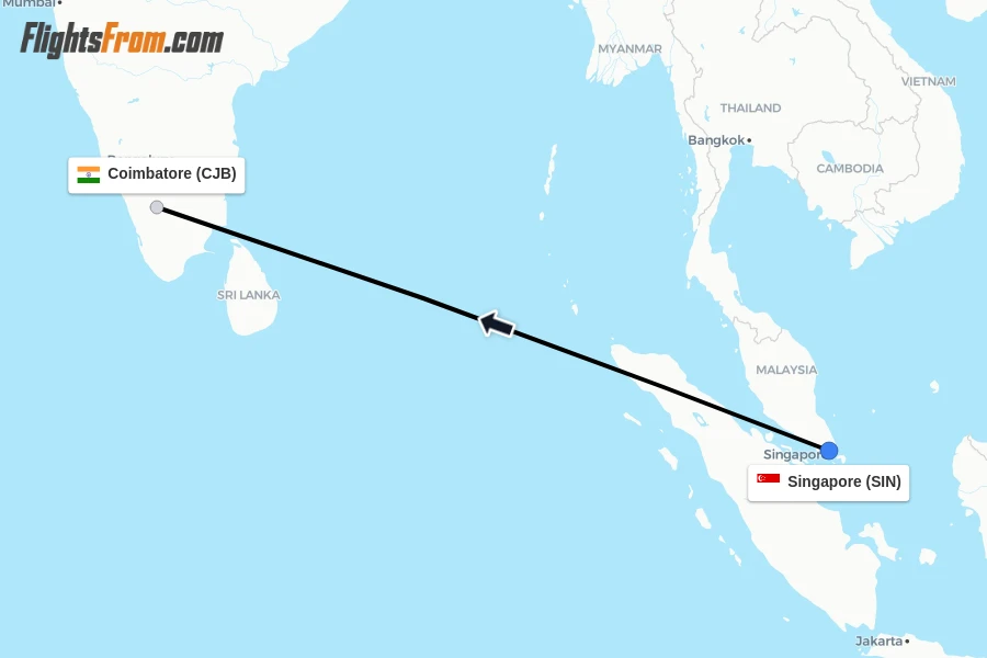 Flights from Singapore to Coimbatore route map