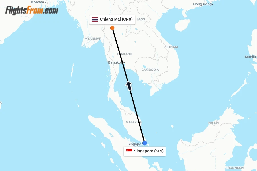 Flights from Singapore to Chiang Mai route map