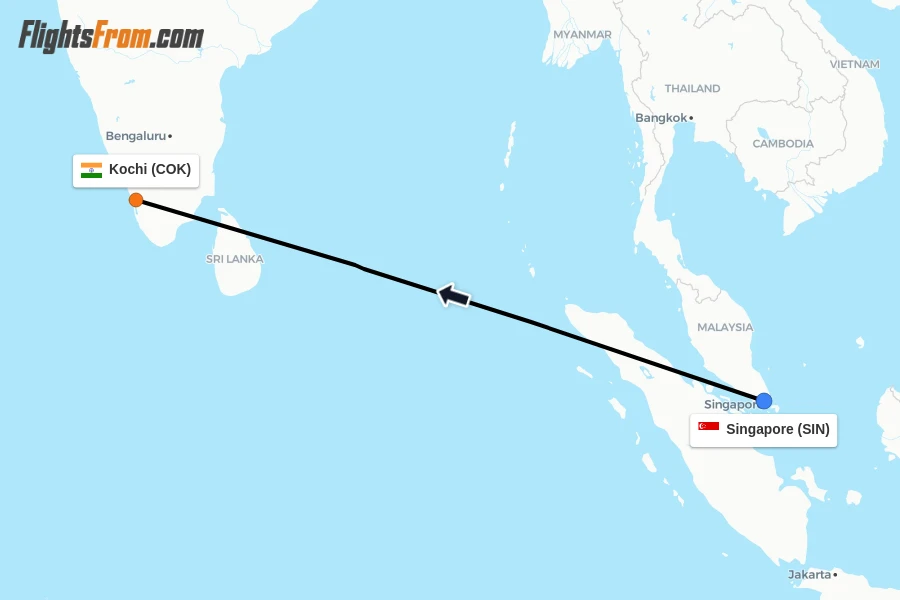 Flights from Singapore to Kochi route map