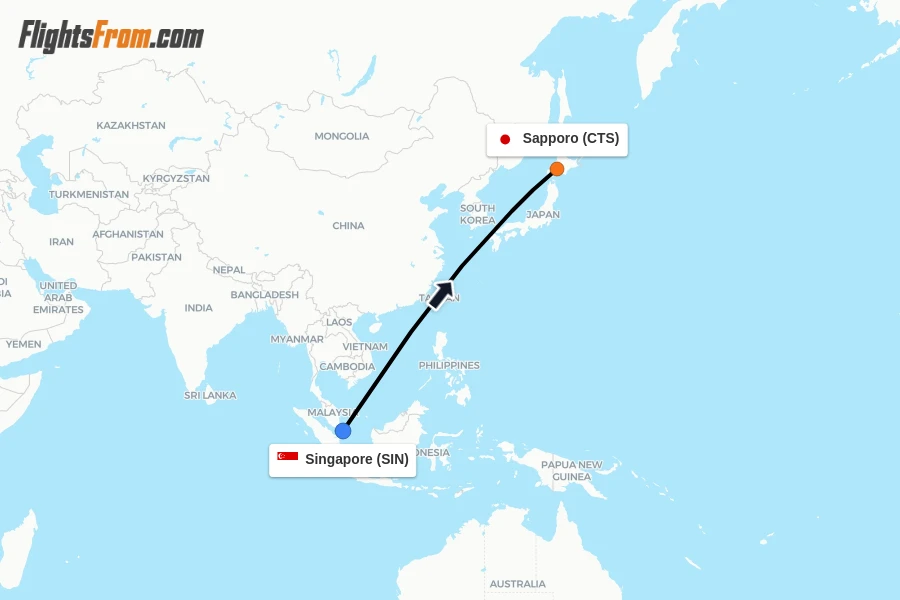 Flights from Singapore to Sapporo route map