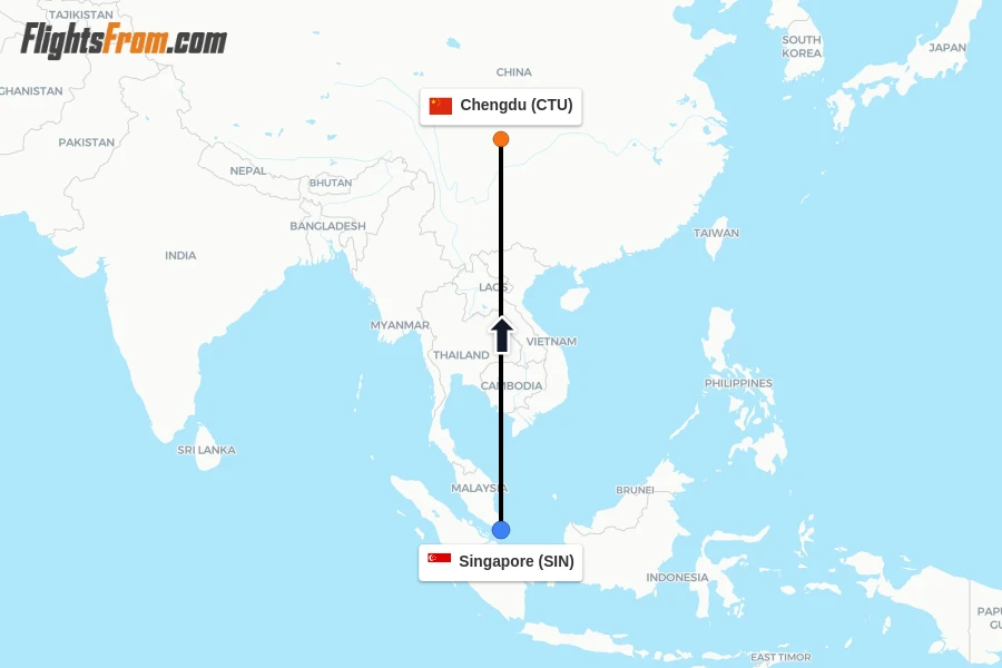 Flights from Singapore to Chengdu route map