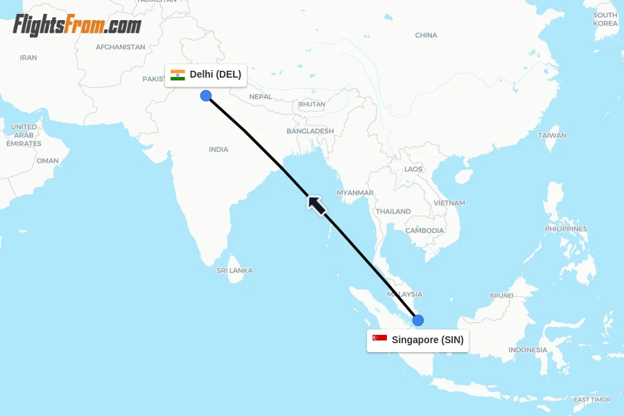 Flights from Singapore to Delhi route map