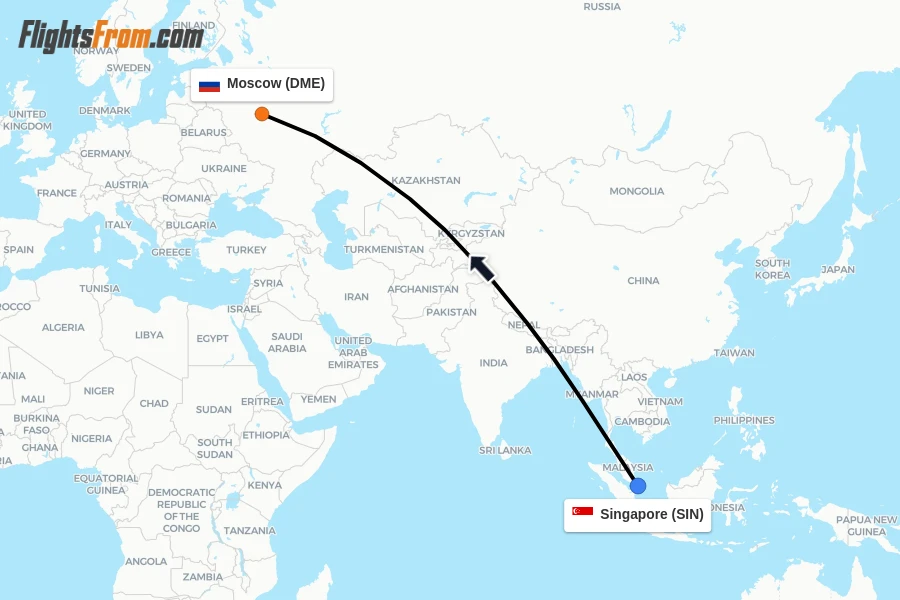 Flights from Singapore to Moscow route map