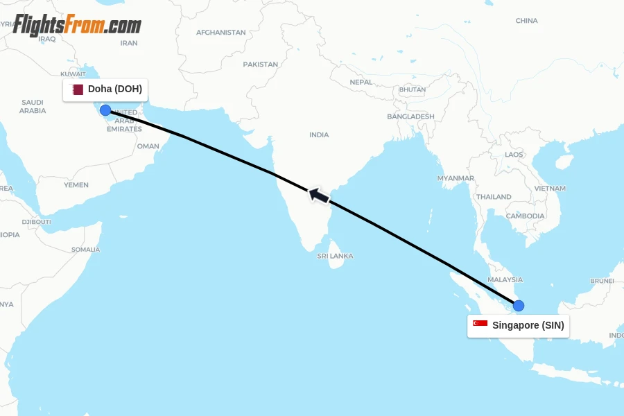 Flights from Singapore to Doha route map