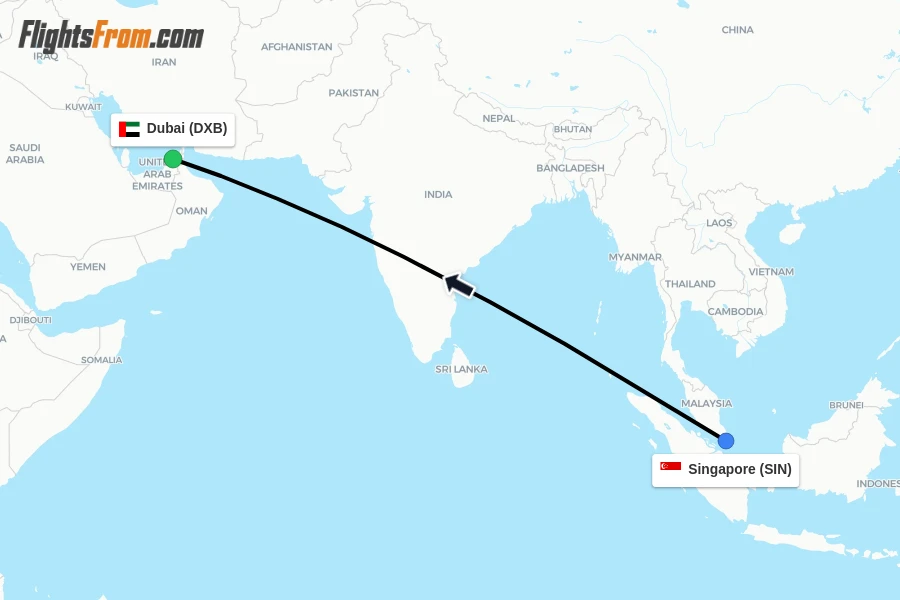Flights from Singapore to Dubai route map