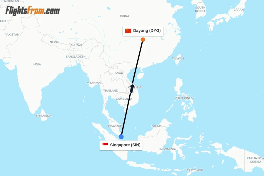 Flights from Singapore to Dayong route map