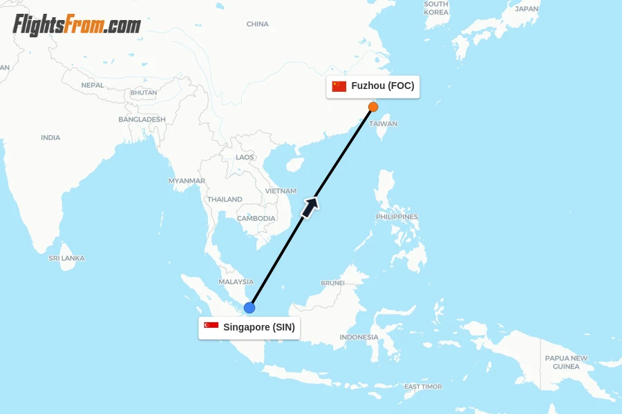 Flights from Singapore to Fuzhou route map
