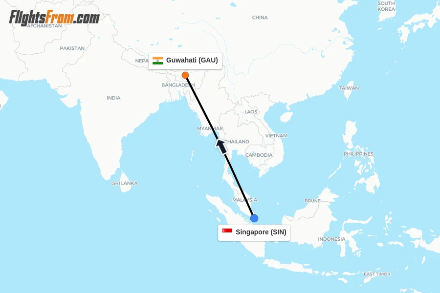 Flights from Singapore to Guwahati route map